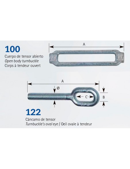 Tensor abierto galvanizado 2 cáncamos